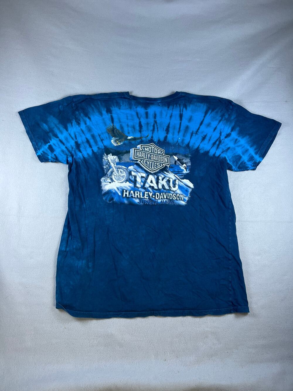 Harley-Davidson T-Shirt Mens 2XL Blue Tie Dye Juneau Alaska Taku Eagle Biker Tee